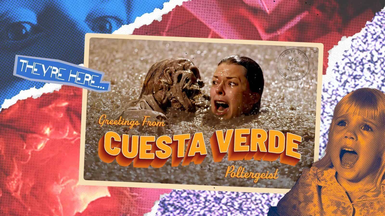 Collage art featuring a postcard reading "Greetings from Cuesta Verde Poltergeist," with a scene of a terrified man and skeleton in water, framed by images of frightened faces and the iconic "They’re here..." text.