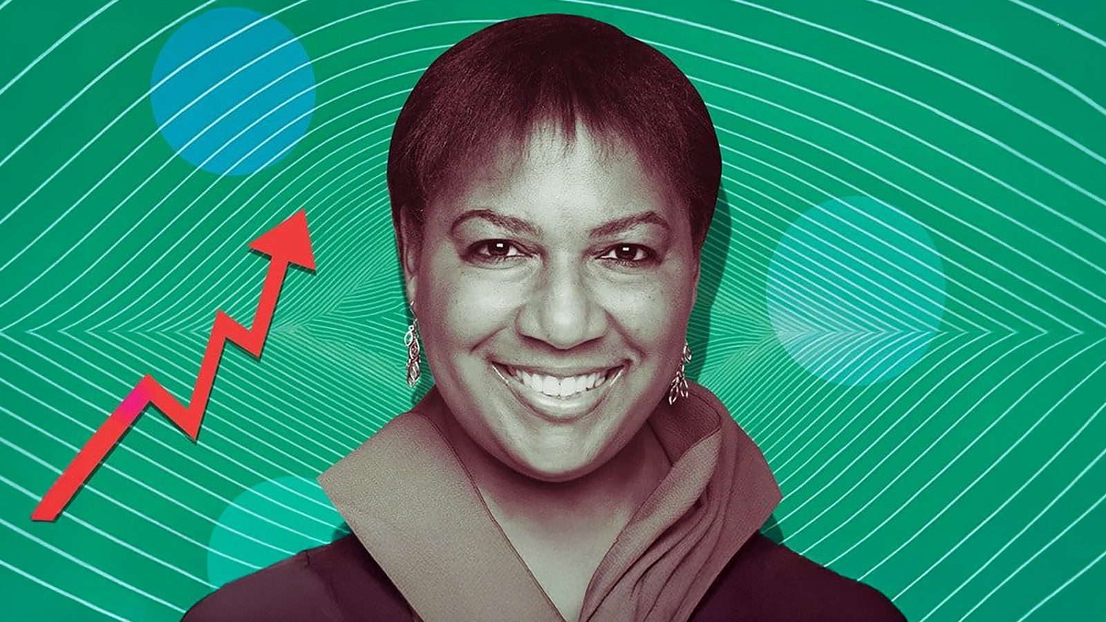 Tama Smith stands smiling against a green background adorned with wavy lines; a red upward arrow symbolizes the power of passion driving her forward.