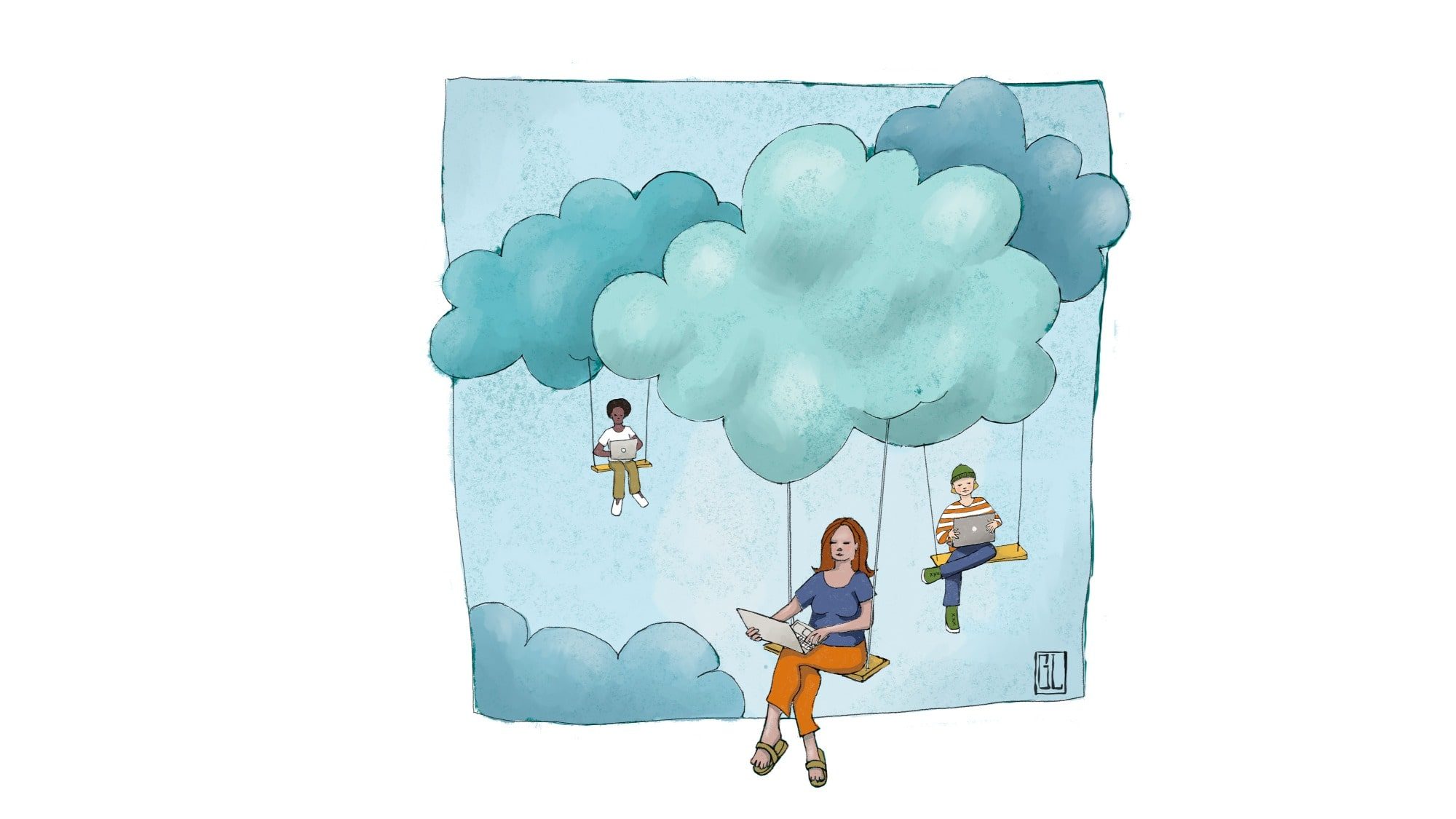 People working on laptops, hanging from the cloud