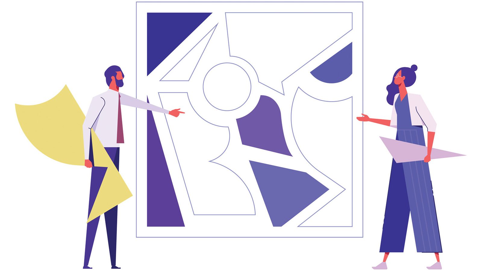 Two employees discuss a large abstract artwork with geometric shapes, each holding triangular shapes that suggest design or artistic concepts. As they delve into the art, they also chat about how much they enjoy the company perks that fuel their creativity and collaboration.