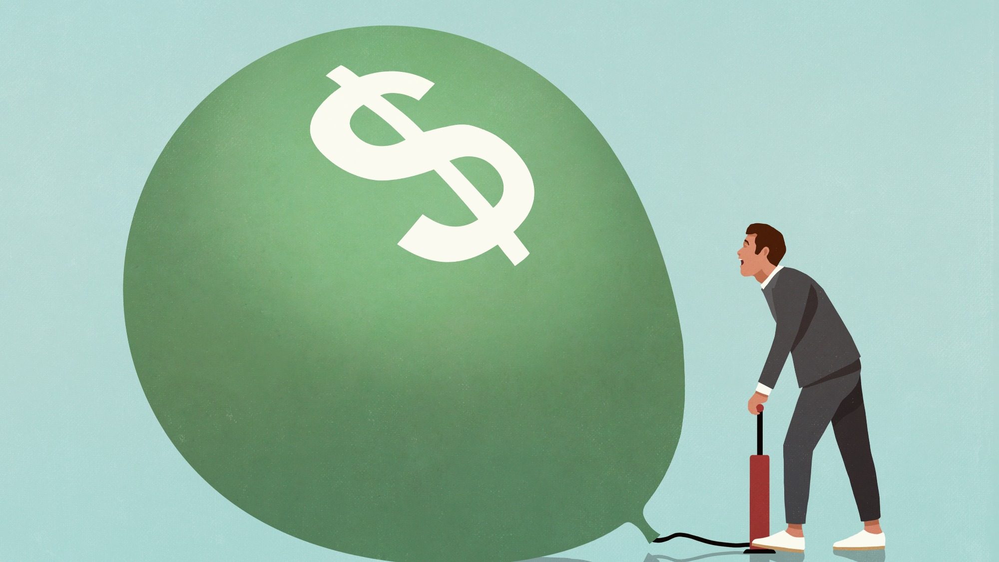 Businessman inflating dollar sign balloon with tire pump