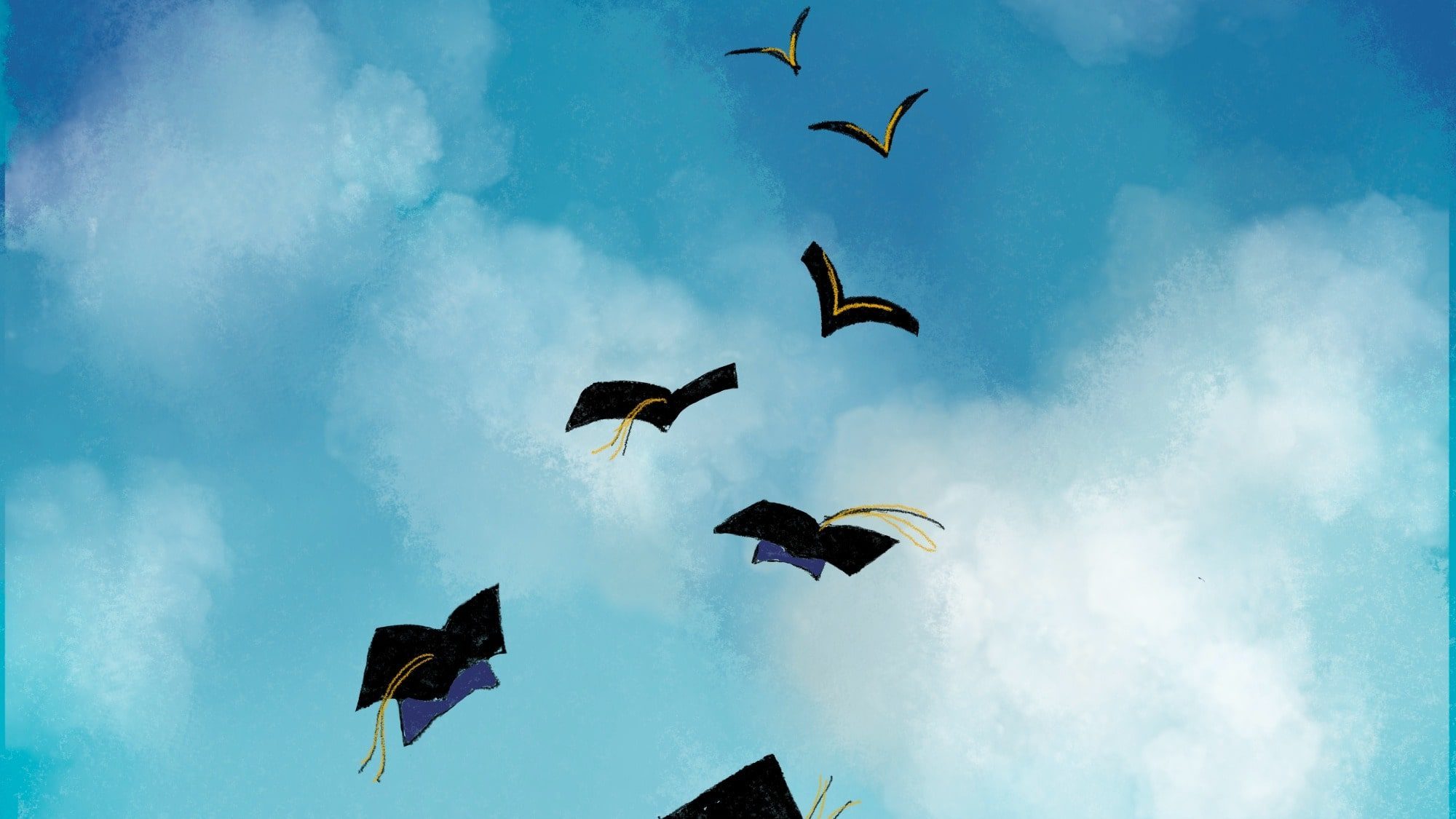 Graduation caps flying to the sky