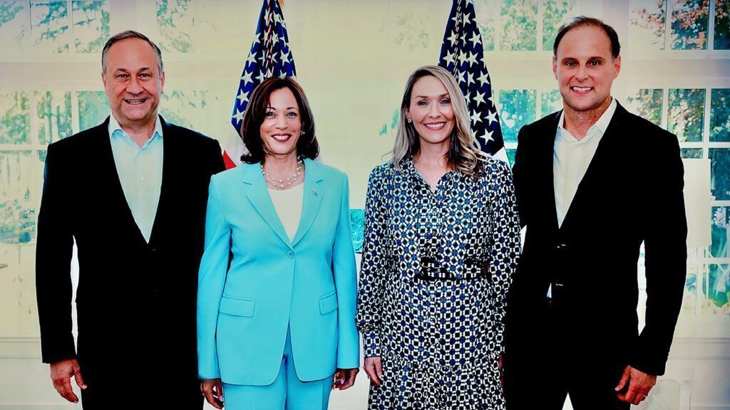 From left, Kamala Harris' husband, Douglas Emhoff, Harris, Angela Dunleavy, and her husband, Brian Screnar, at a 2019 campaign event.