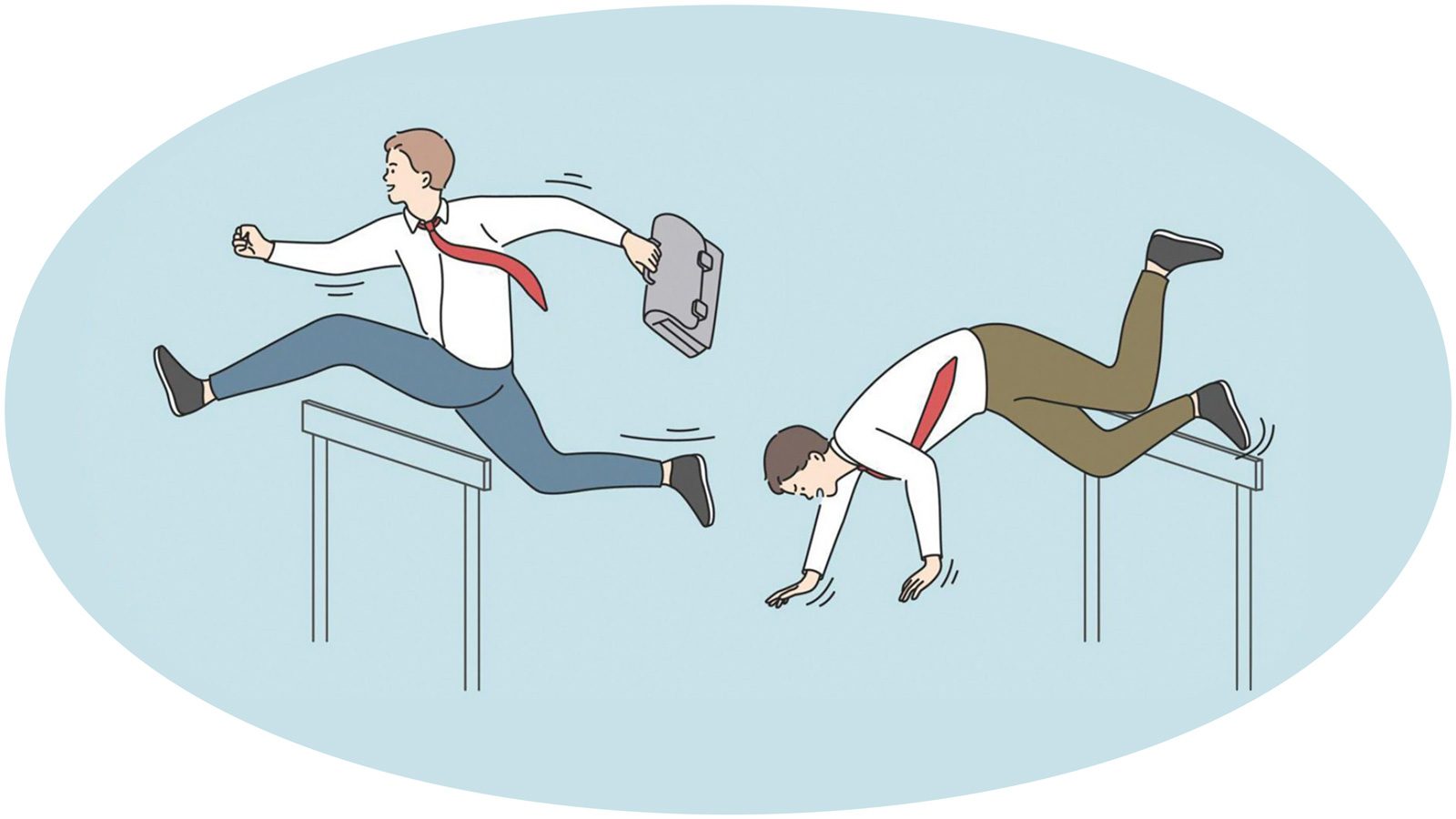 Illustration of two men in business attire navigating the toughest labor market as they run and jump over hurdles, one clutching a briefcase, with a light blue background.
