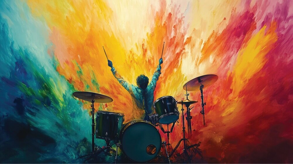 A drummer playing a drum set faces a vibrant, multicolored explosion of paint—an energetic and dynamic scene that captures the essence of Instruments of Inspiration.