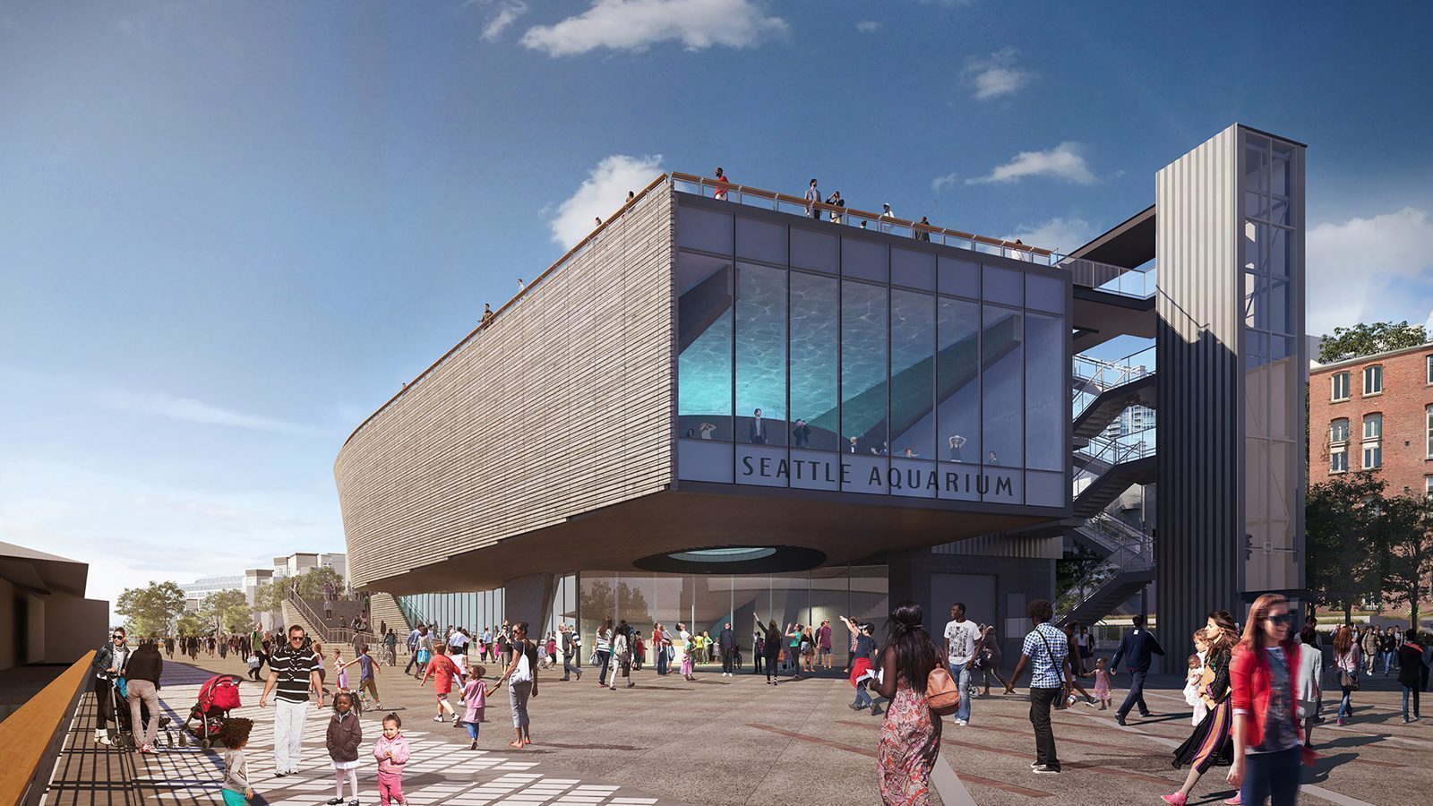 Exterior front view of Seattle Aquarium Ocean Pavilion.
