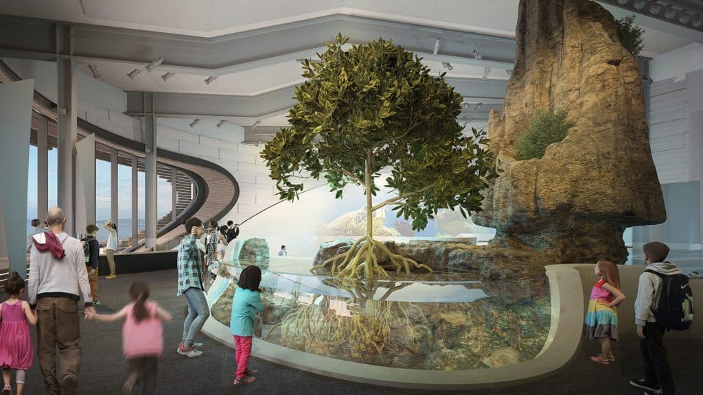 Visitors, including several children, observe an indoor exhibit featuring a large tree with exposed roots and a rocky structure within a glass enclosure in a modern, well-lit museum setting during the Summer Opening at the Seattle Aquarium's Ocean Pavilion.