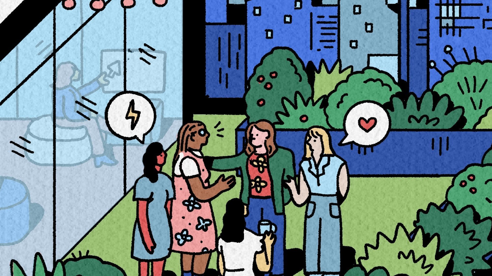 Illustration of five diverse adults chatting at a lively outdoor evening party, with capital city buildings in the background.