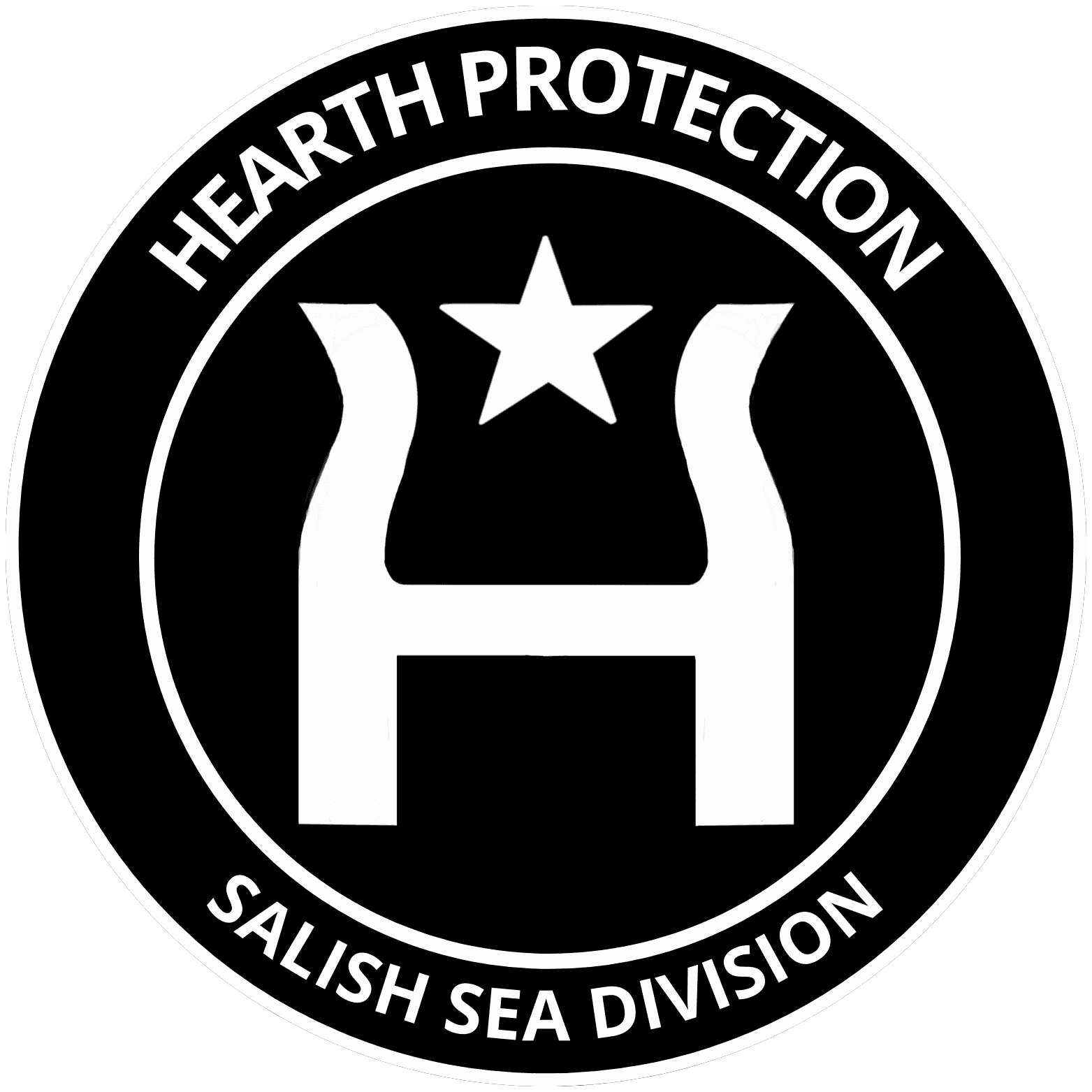 Black circular logo with white text: "Hearth Protection Salish Sea Division." Central symbol of an "H" with a star above it. This Seattle-based emblem represents a new approach in the security industry.